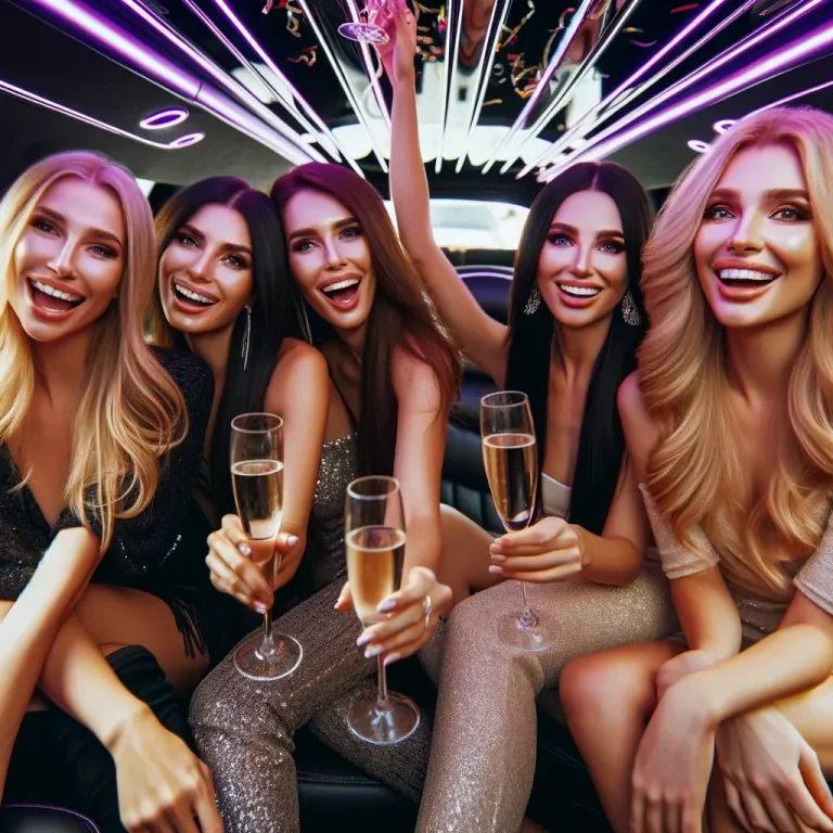 Five smiling women in glamorous outfits celebrating with champagne inside a stylish limousine.