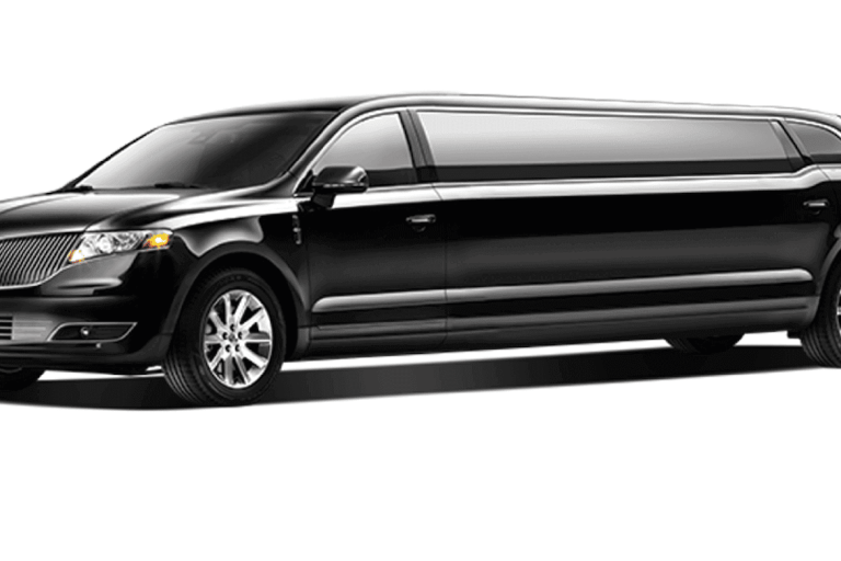 Black stretch limousine with sleek design and shiny wheels.